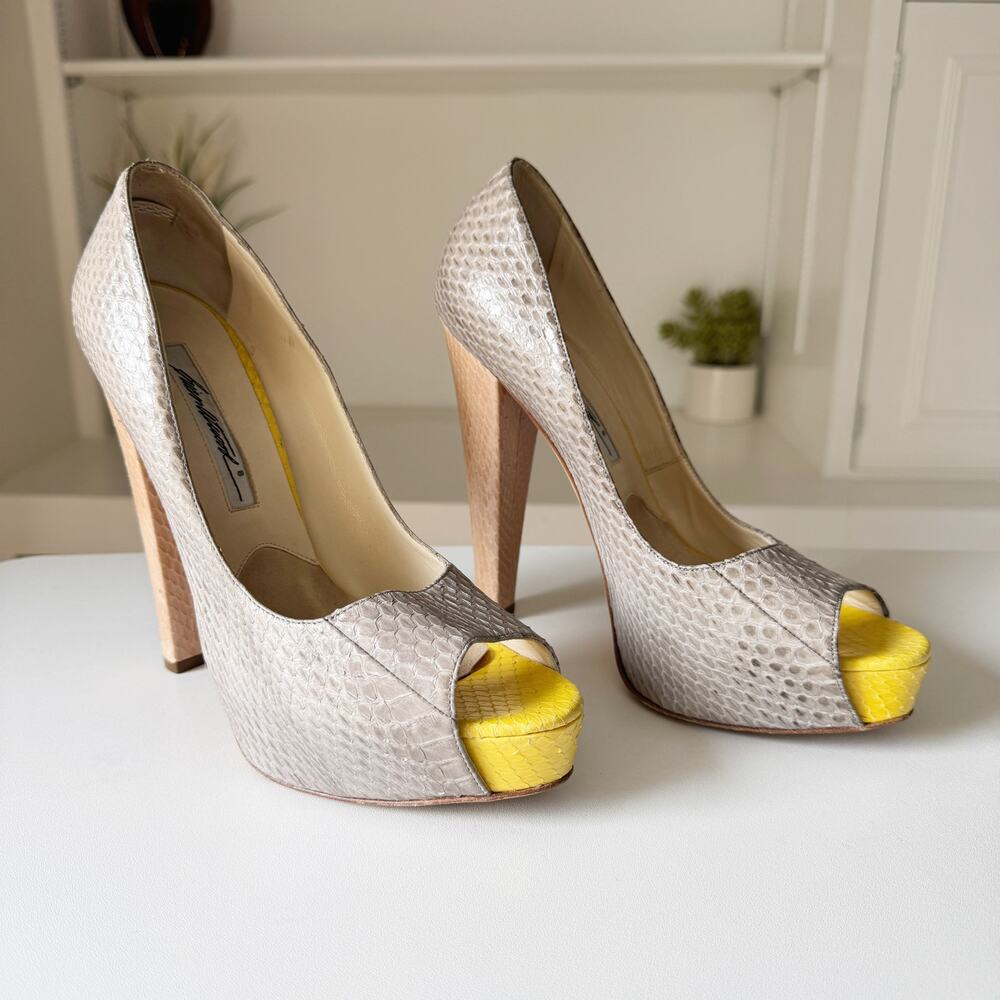 Brian Atwood Silver-Beige Snakeskin Peep-Toe Pumps with Yellow Platform